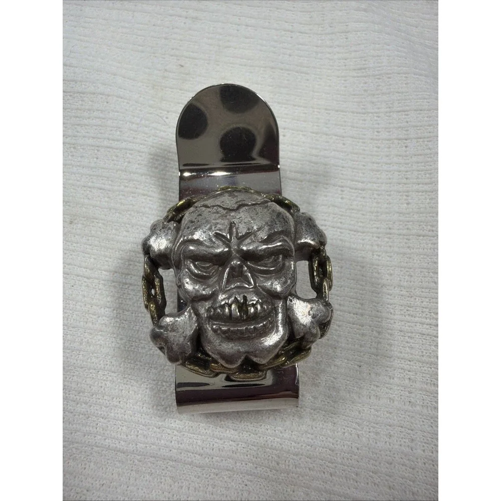 Men's Stainless Steel Chained Skull Money Clip - Goth Biker Style